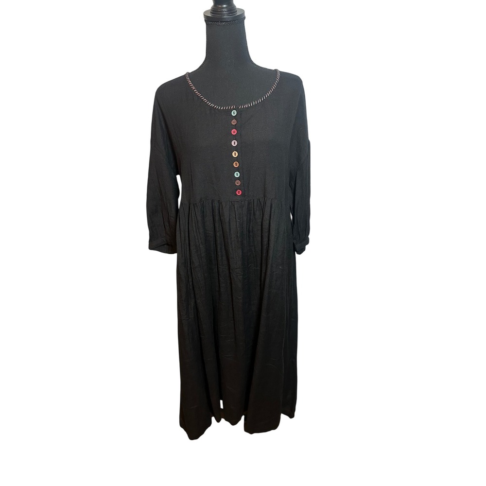 April Cornell Stockholm Dress Black Midi Colorful Buttons NWT Size M cottagcore